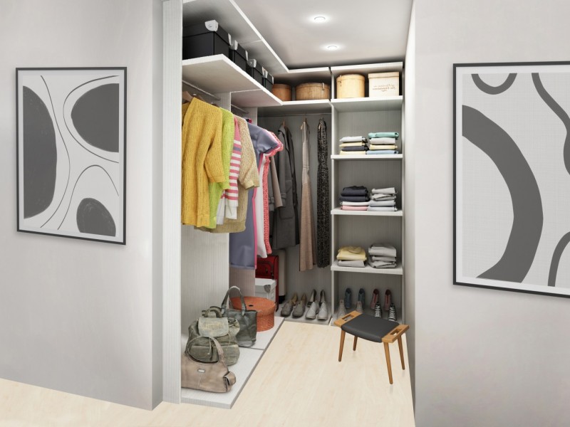 Vestidor con revestimiento interior en el dormitorio principal. Imagen orientativa a concretar en el desarrollo del proyecto.